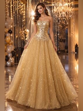 Vintage Alyce Designs Metallic Gold Ball Gown Beaded Strapless Prom Dress Size 4